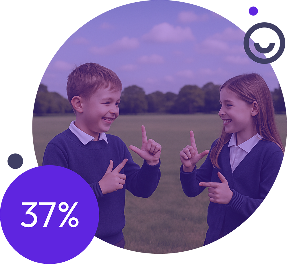 Two primary school children smiling and signing with their hands
